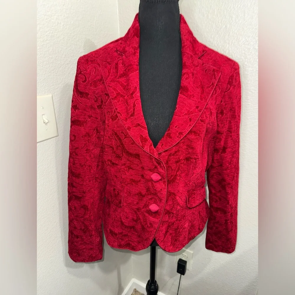 Nine & Co Red Baroque Jacquard Blazer Whimsy Goth Dark Academia Luxe-Sz‎ 14